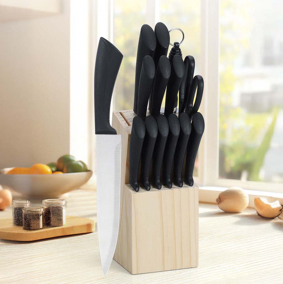 Juego de cuchillos Carver de 15 piezas - Acero inoxidable con bloque de madera y afilador