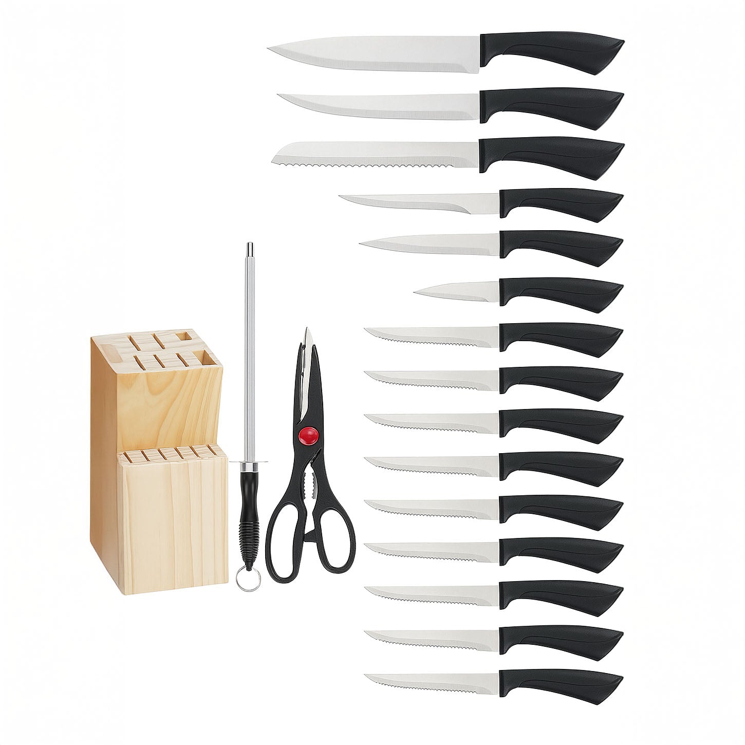 Juego de cuchillos Carver de 15 piezas - Acero inoxidable con bloque de madera y afilador