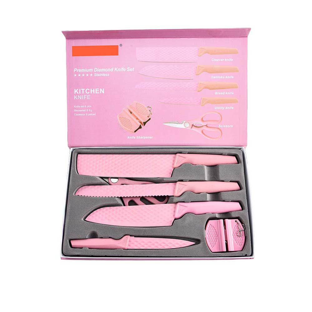 Juego de cuchillos con diseño de diamantes Linda de 6 piezas - Paja de trigo con afilador
