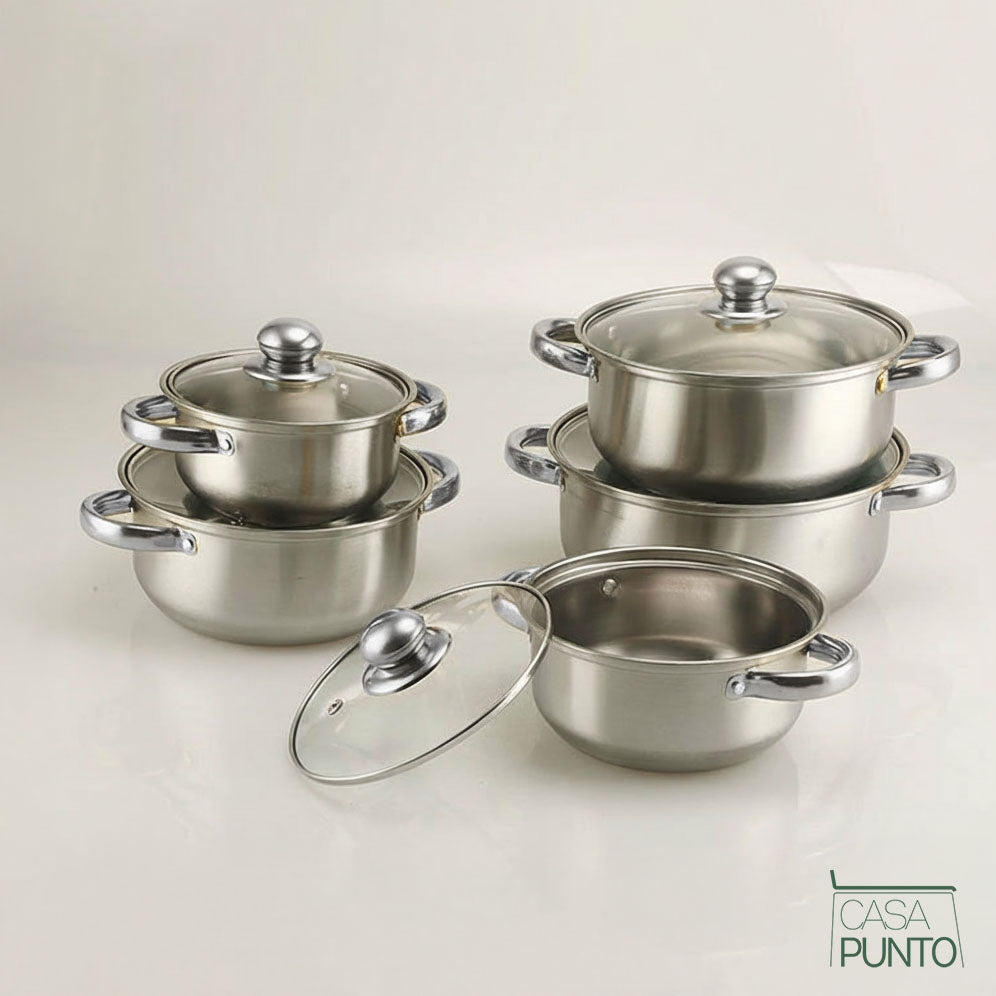Batería de cocina Ingrid de acero inoxidable de 10 piezas - Profesional con tapas de vidrio