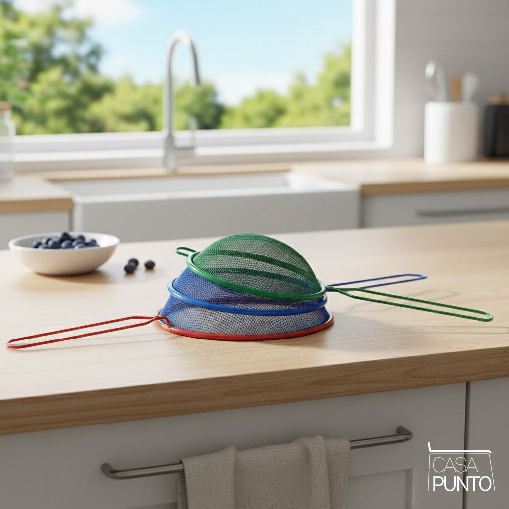 Juego de mini coladores Corfu de 3 piezas - Coloridos coladores de malla de acero inoxidable