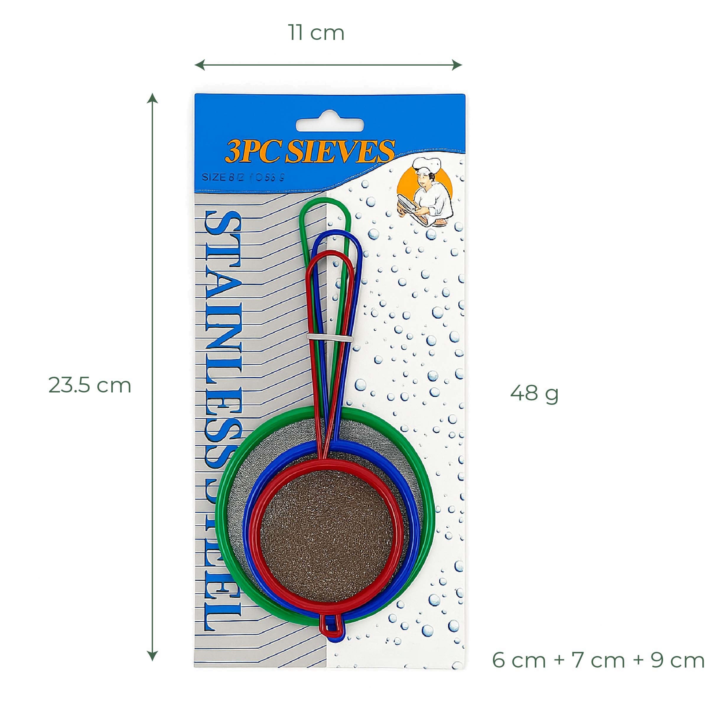 Juego de mini coladores Corfu de 3 piezas - Coloridos coladores de malla de acero inoxidable