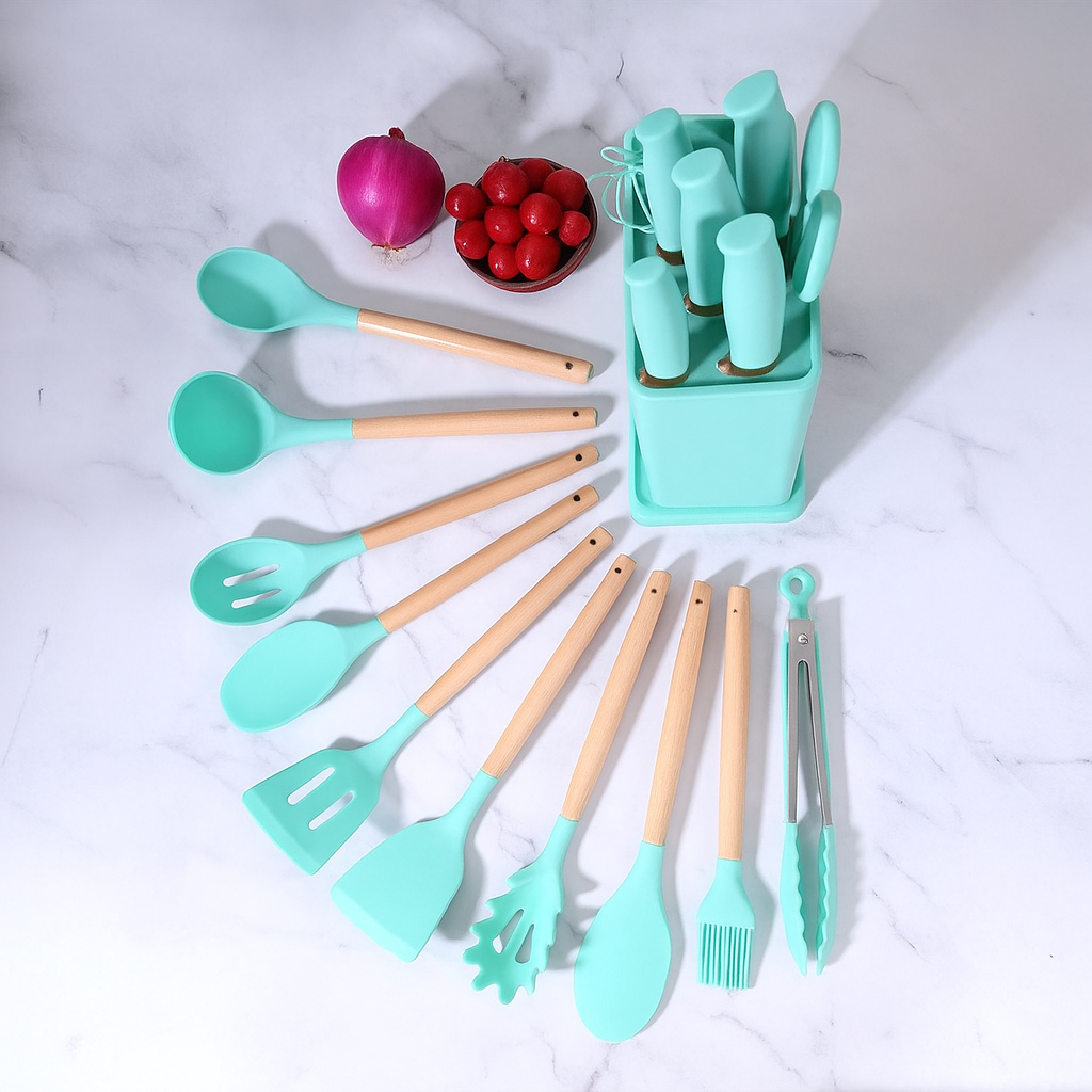 Juego de cuchillos y utensilios de cocina Carly de 19 piezas - Antiadherente con bloque de madera