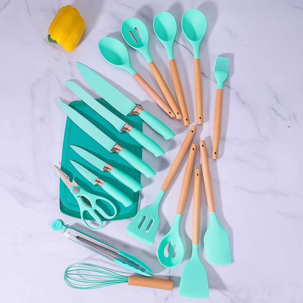 Juego de cuchillos y utensilios de cocina Carly de 19 piezas - Antiadherente con bloque de madera