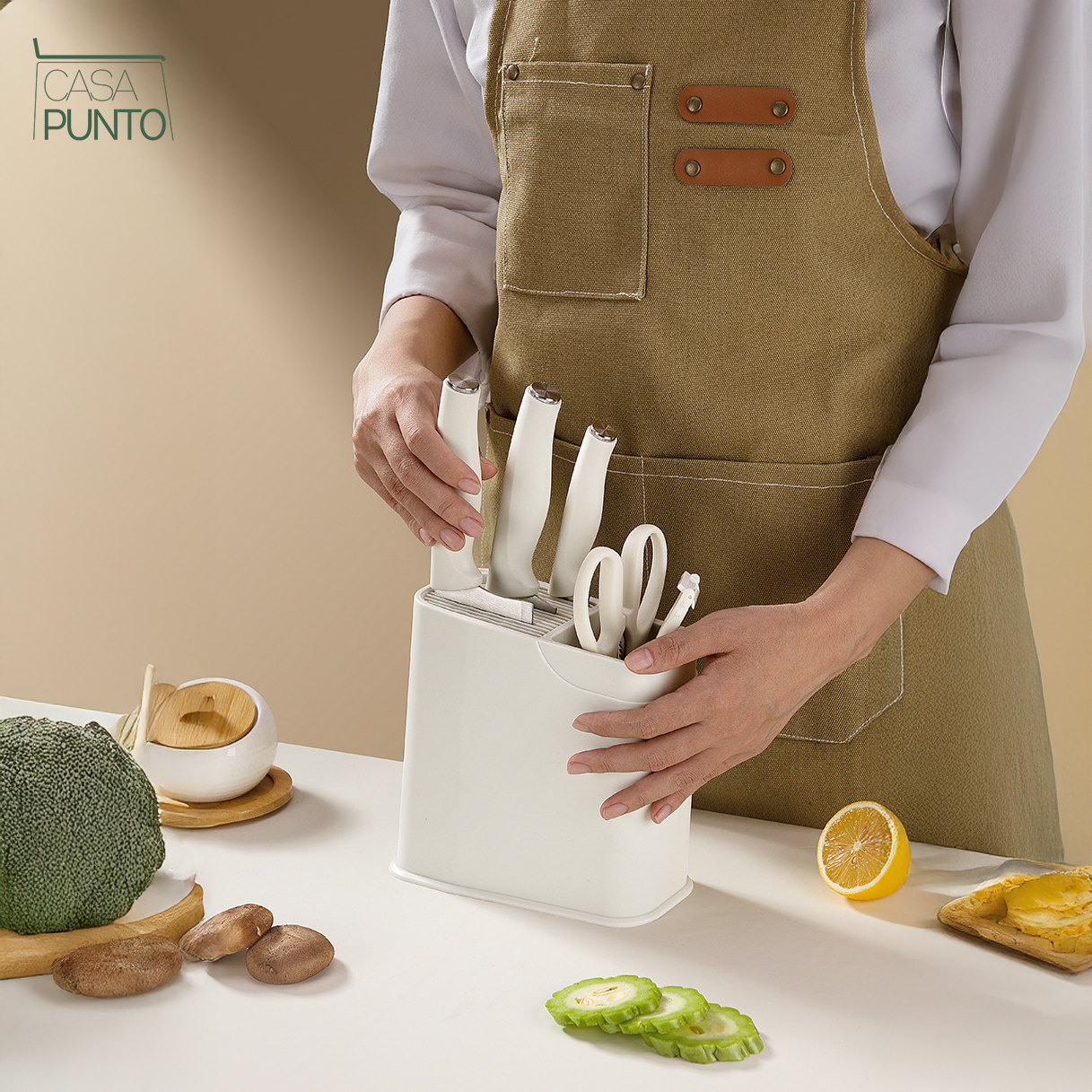 Juego de cuchillos de cocina Cummings de 7 piezas, color blanco crema con organizador de bloques de madera