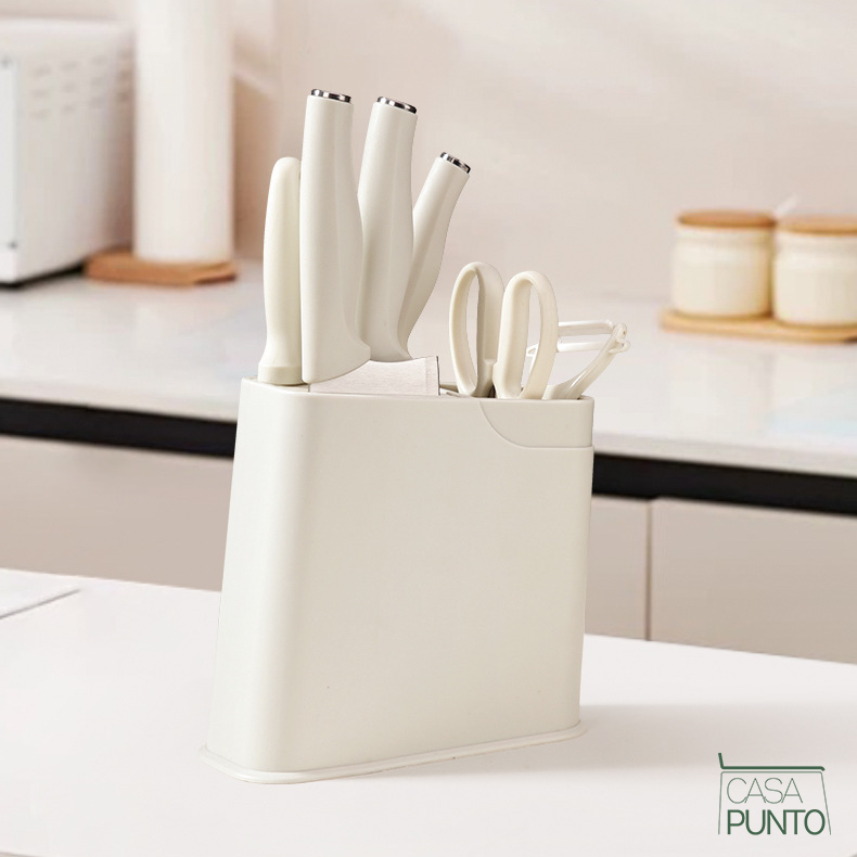 Juego de cuchillos de cocina Cummings de 7 piezas, color blanco crema con organizador de bloques de madera