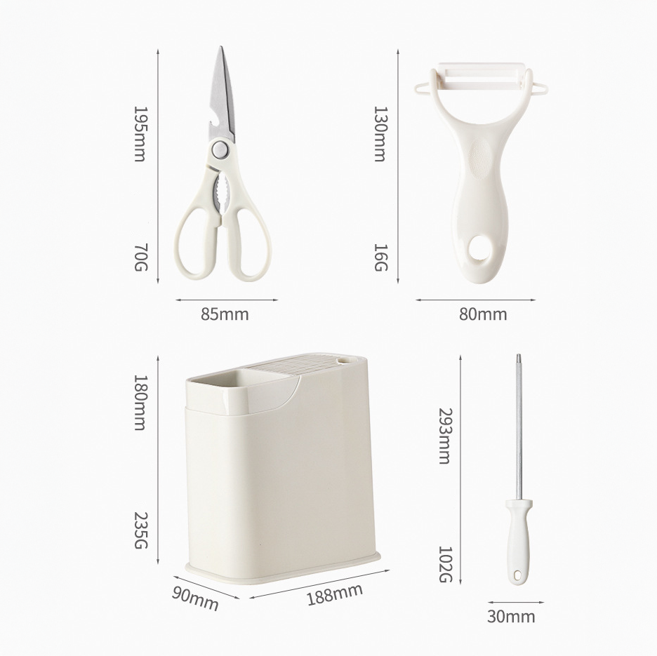 Juego de cuchillos de cocina Cummings de 7 piezas, color blanco crema con organizador de bloques de madera