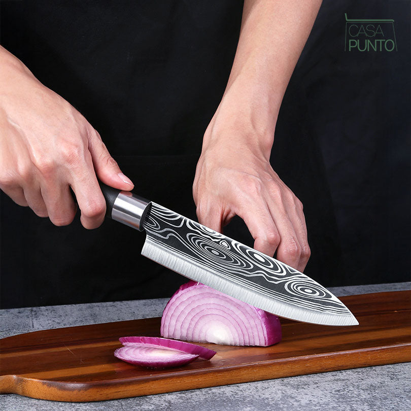 Juego de cuchillos con diseño de Damasco Yomo de 6 piezas, acero profesional con bloque de madera