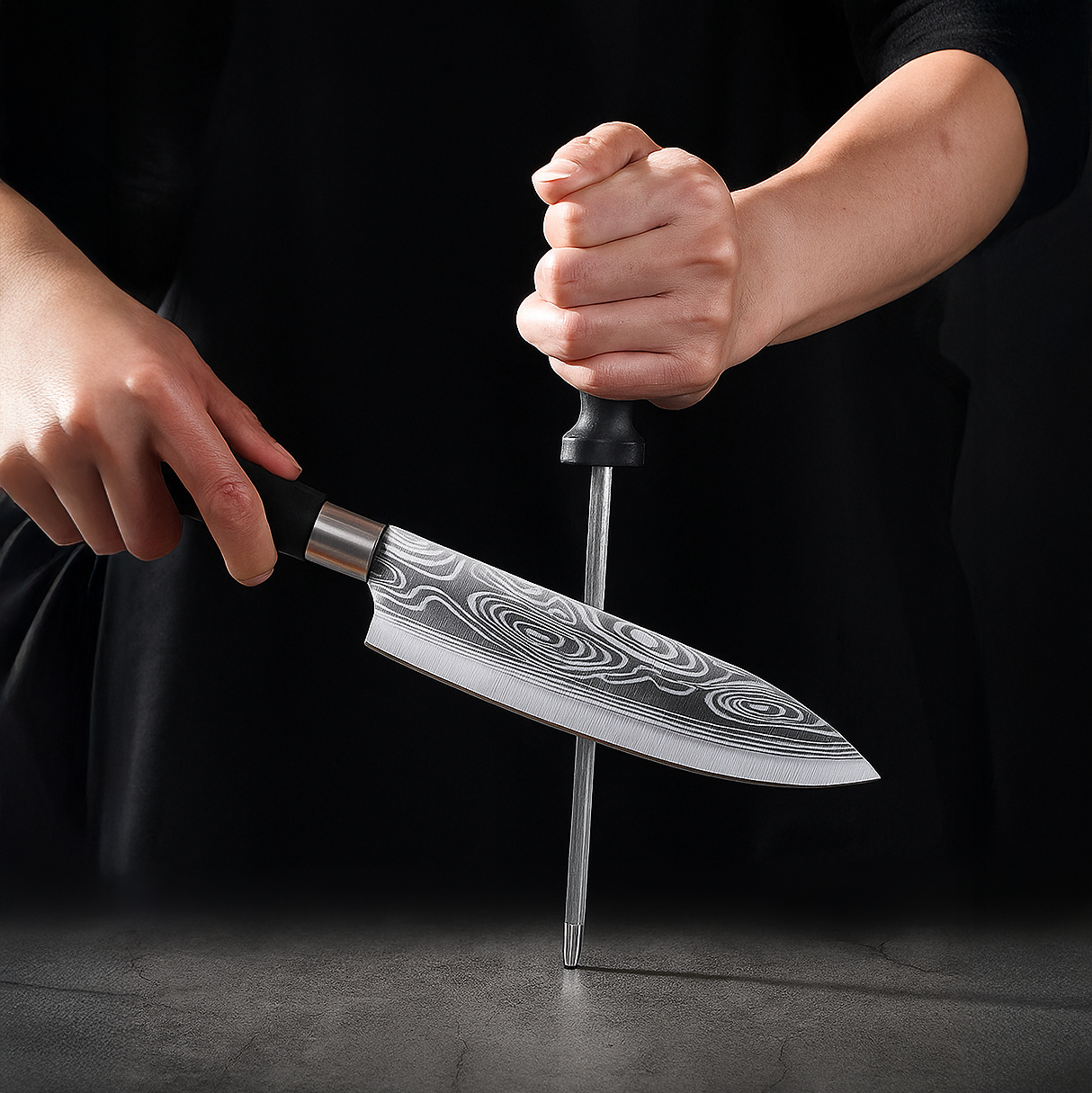 Juego de cuchillos con diseño de Damasco Yomo de 6 piezas, acero profesional con bloque de madera