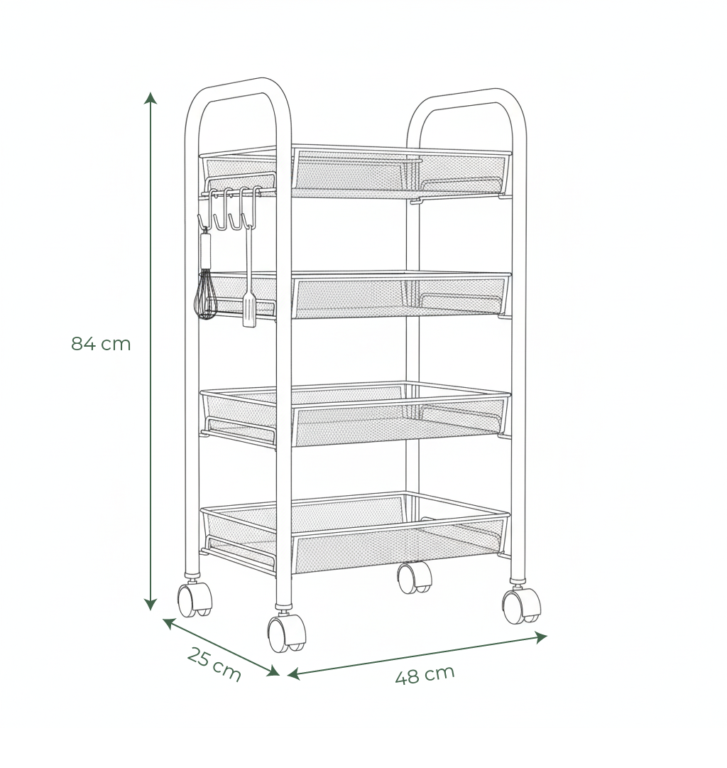 Carro utilitario con ruedas Viggo de 4 niveles - Organizador de almacenamiento de metal con ruedas
