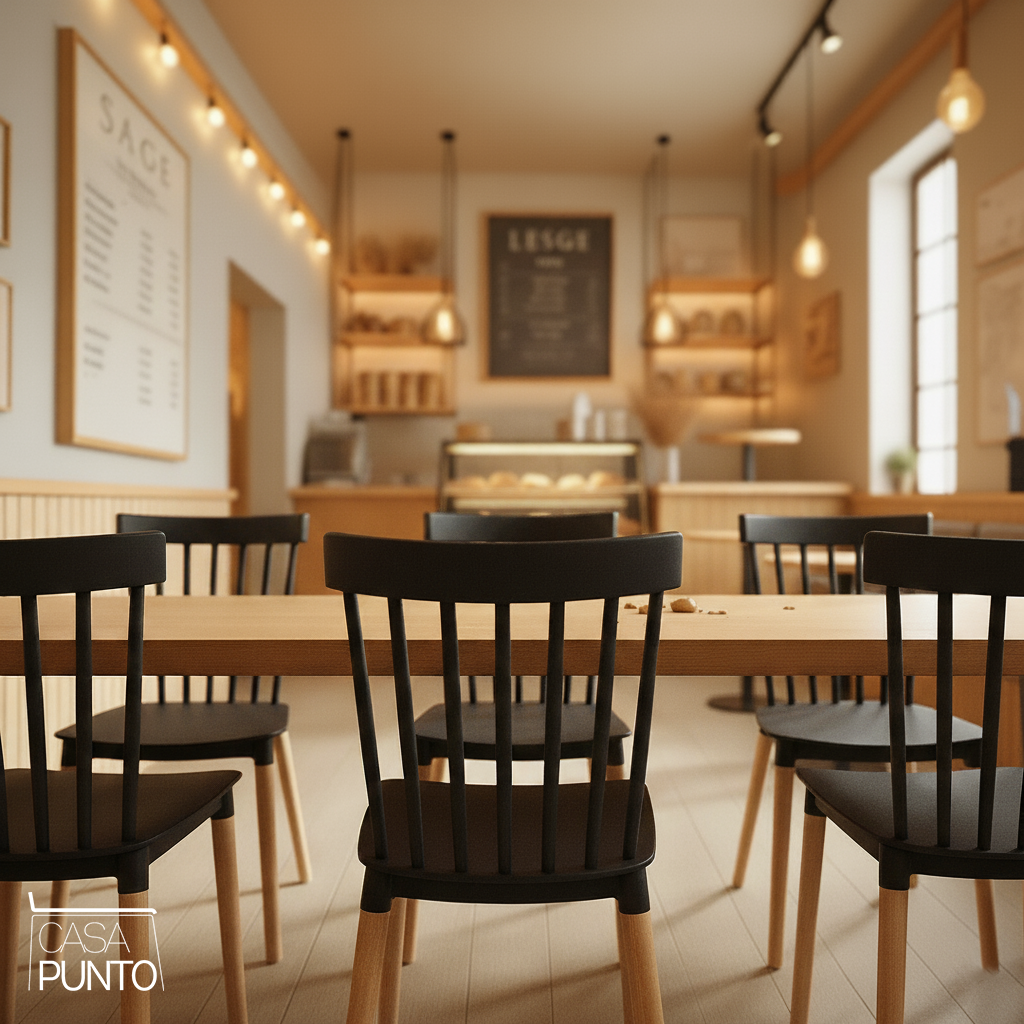 Silla de Comedor Nórdica Ellis - Plástico Negro con Patas de Madera Estilo Escandinavo