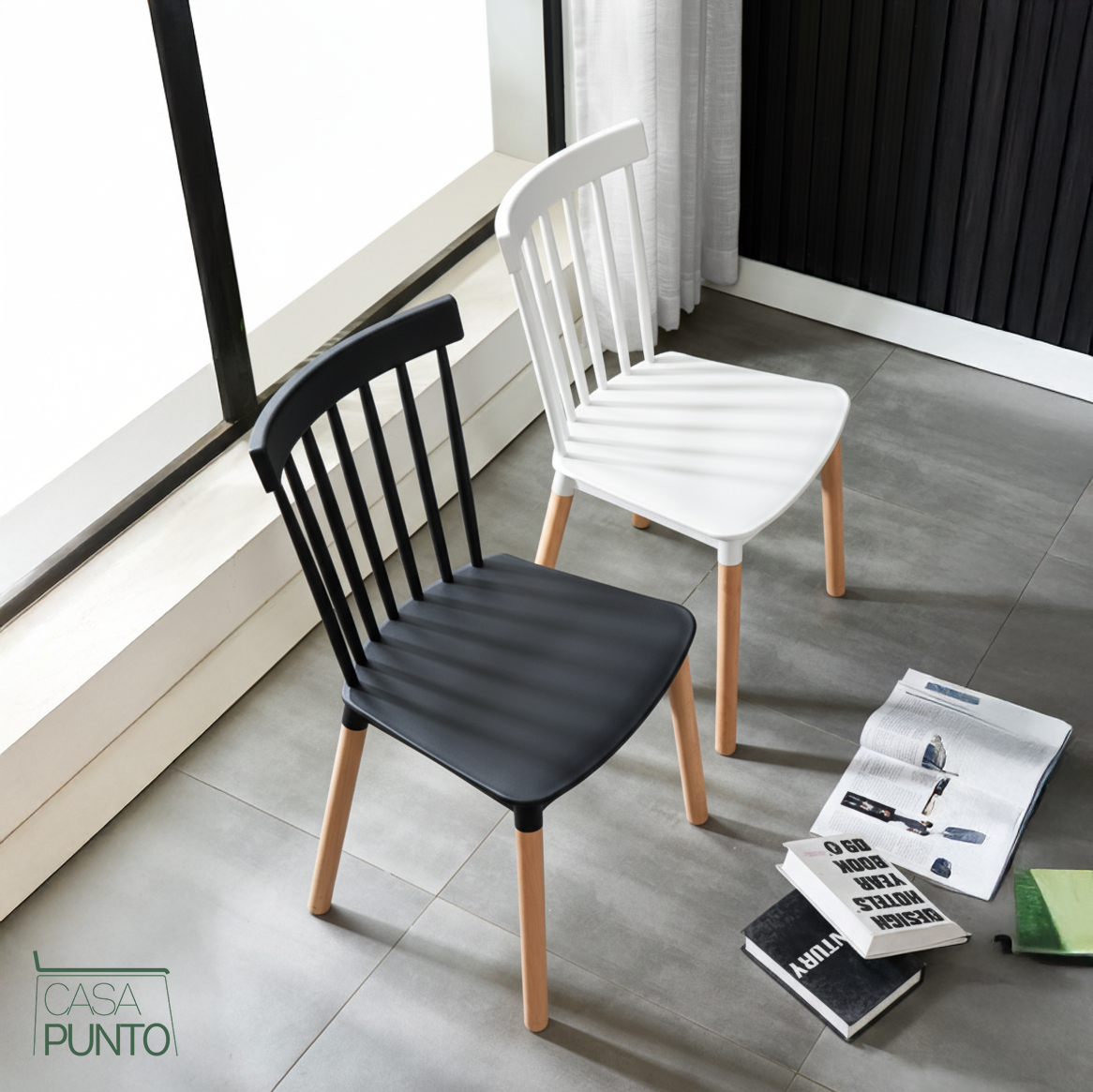 Silla de Comedor Nórdica Ellis - Plástico Negro con Patas de Madera Estilo Escandinavo