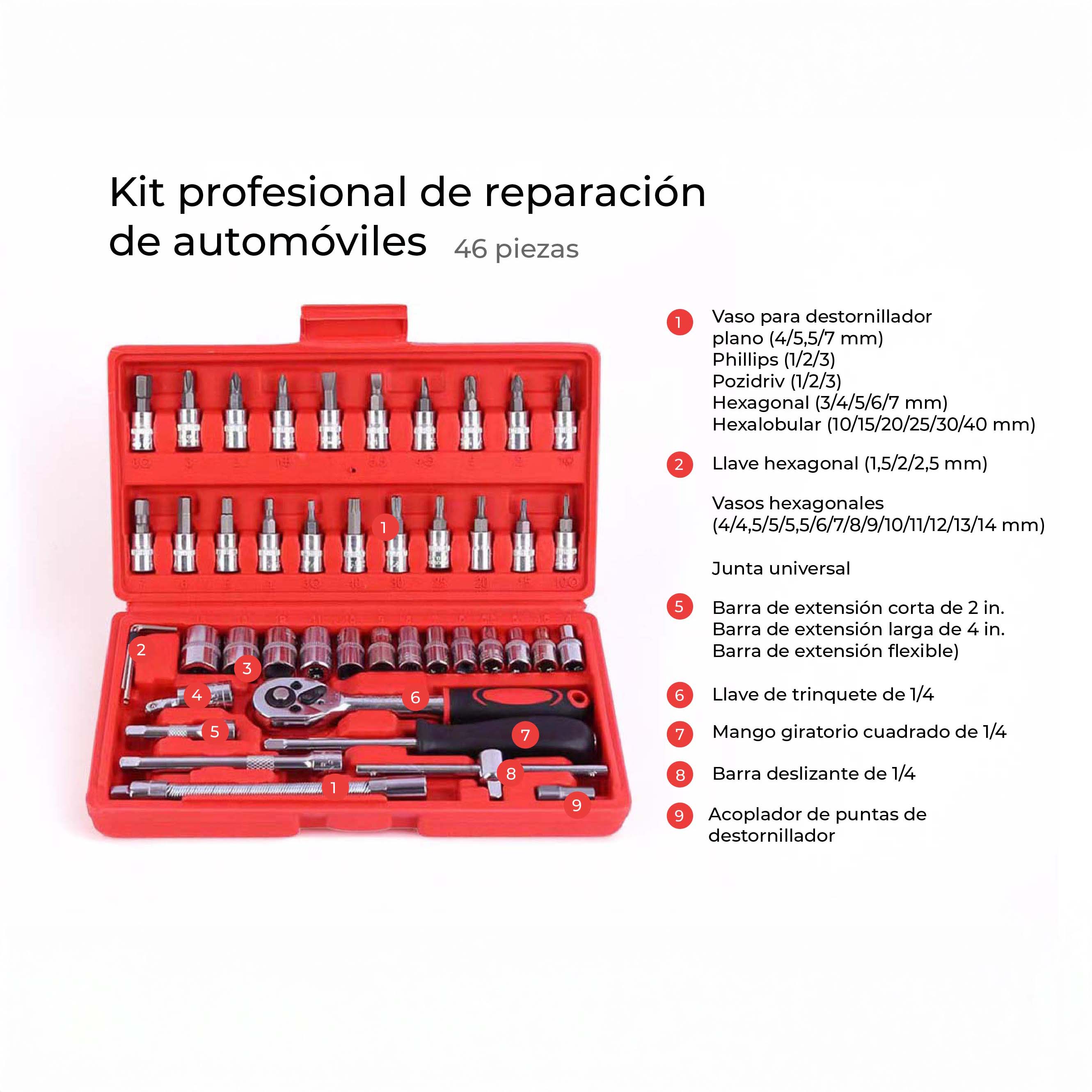 Kit de herramientas Chris de 46 piezas con llave de tubo y trinquete - Juego de acero al carbono