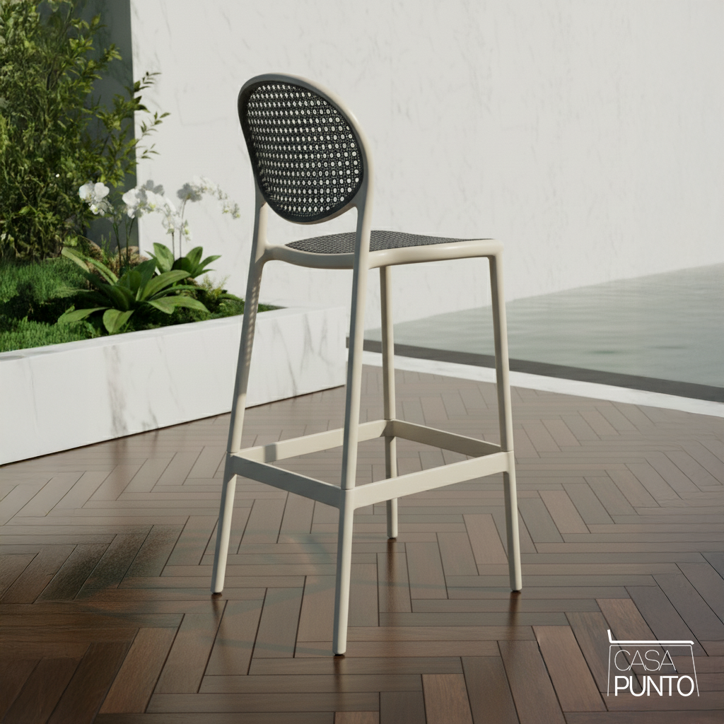 Taburete de bar Hedda con respaldo de ratán sintético - Trona estilo bistró