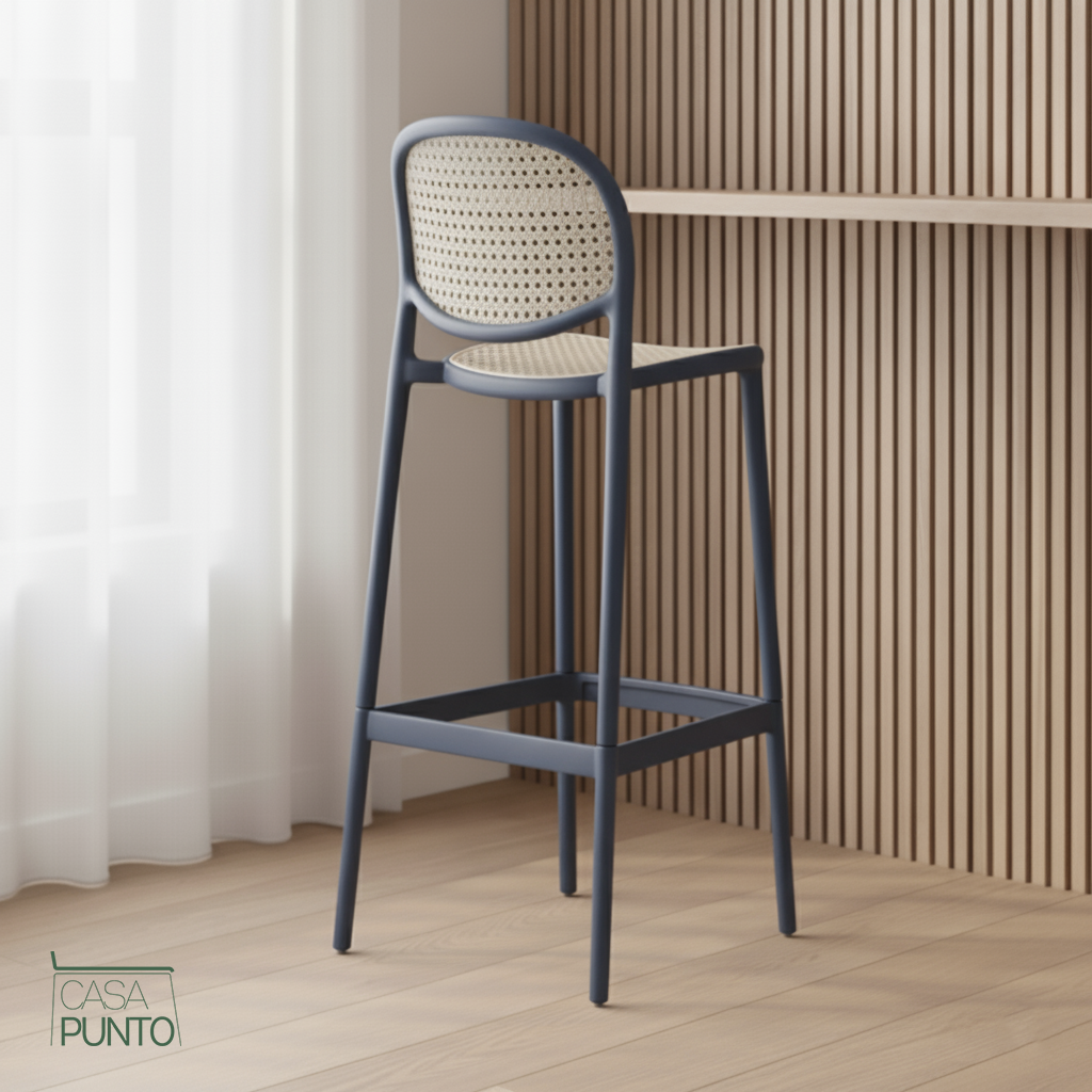 Taburete de bar Hedda con respaldo de ratán sintético - Trona estilo bistró