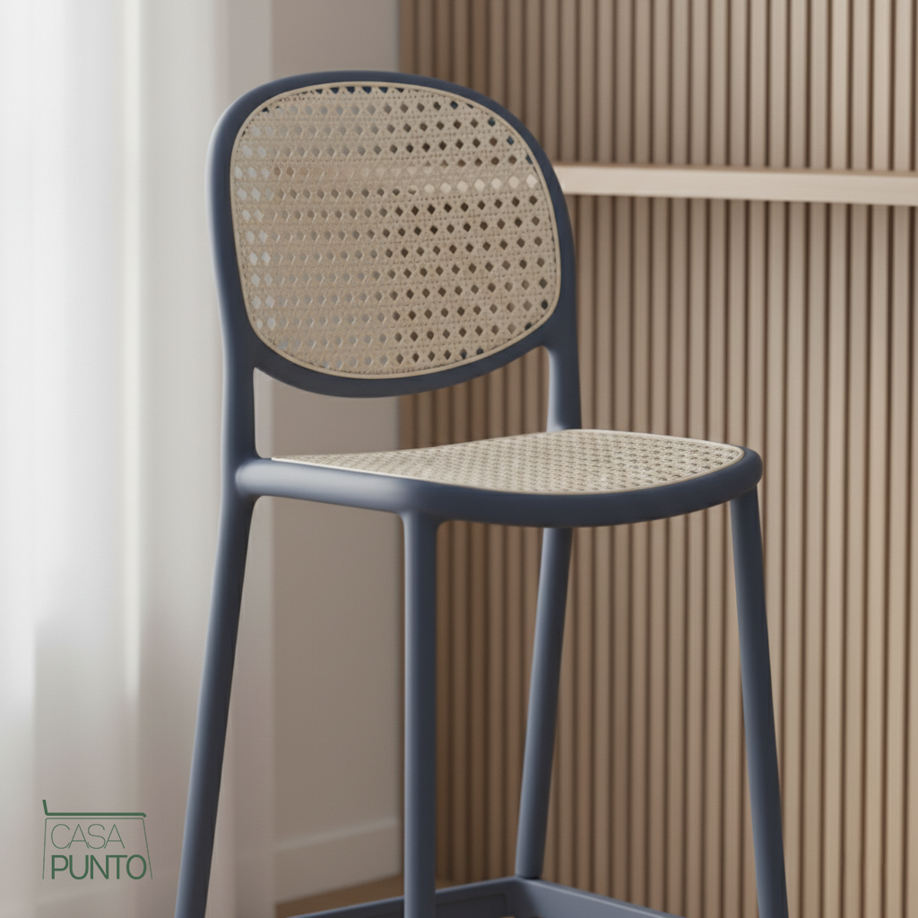 Taburete de bar Hedda con respaldo de ratán sintético - Trona estilo bistró