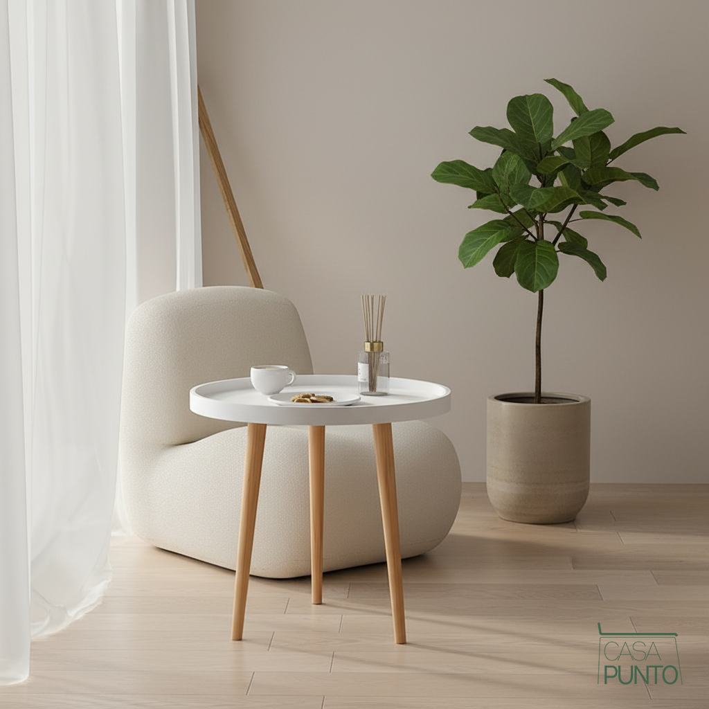 Mesa Auxiliar Redonda Nina - Estilo Nórdico con Patas Acabado en Madera