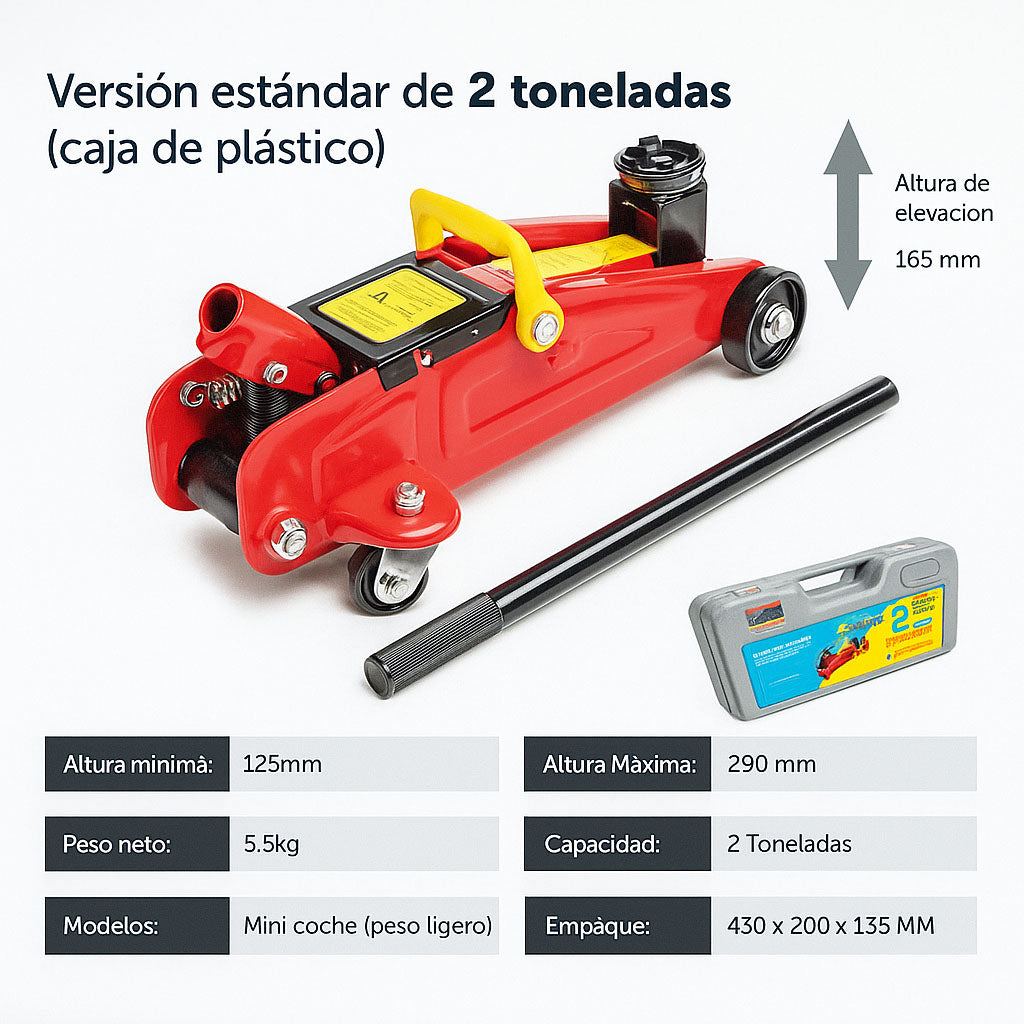 Gato hidráulico de piso Hector de 2 toneladas - Gato con ruedas de acero rojo para automóviles